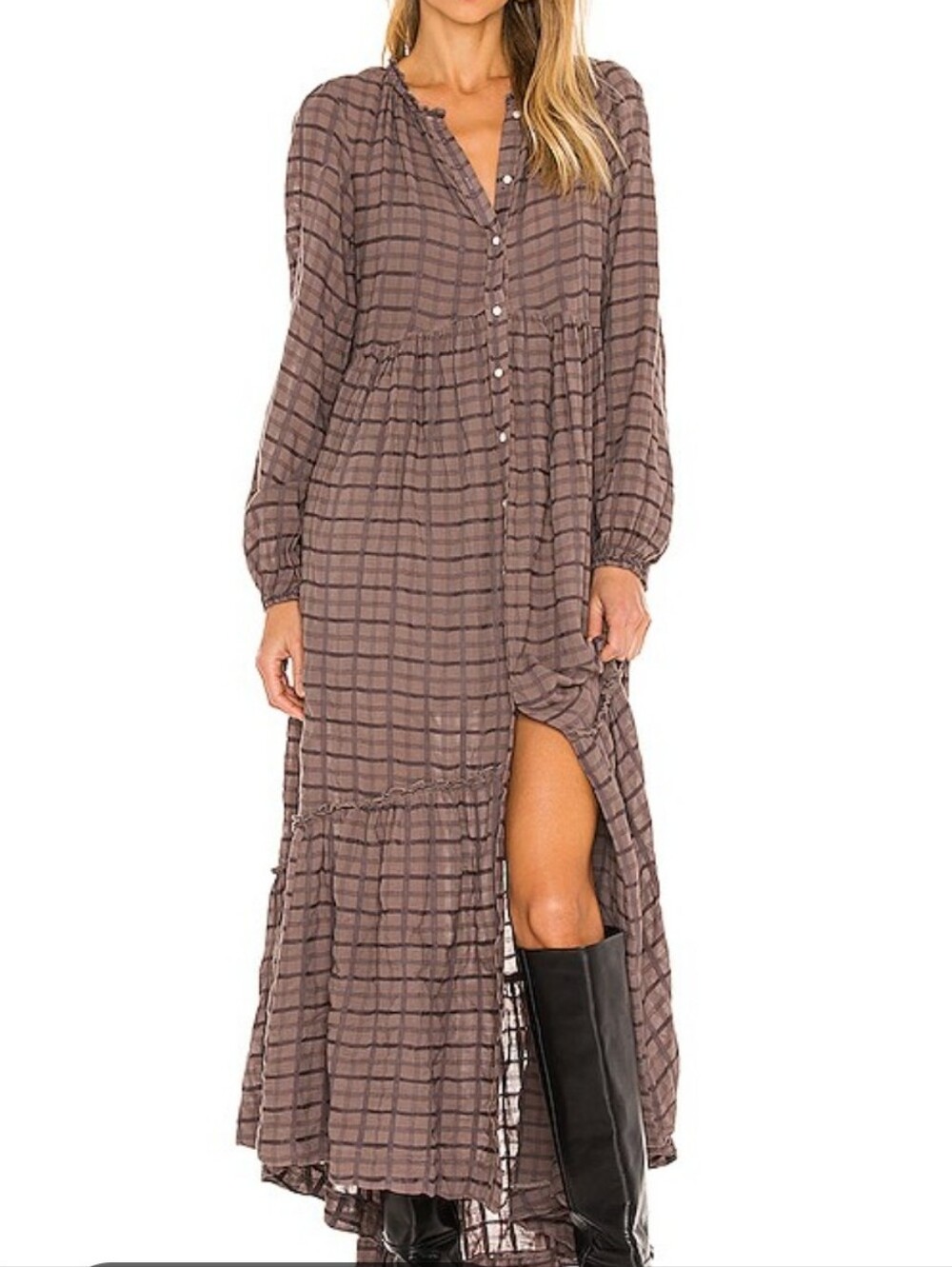 Free People Edie Maxi Button Down Plaid Prairie Dress In Horseshoe